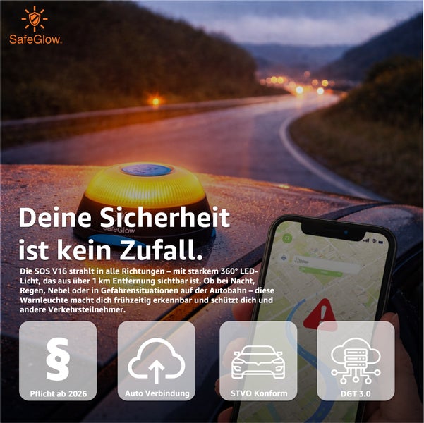 SafeGlow SOS V16 Warnleuchte auf einem Autodach, mit Smartphone-Integration und Hinweisen zu Pflicht ab 2026, Autoverbindung, STVO-Konformität und DGT 3.0