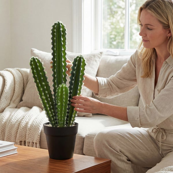 Künstlicher Kaktus im schwarzen Topf auf einem Holztisch in einem hellen, gemütlichen Wohnzimmer mit Sofa und einer Frau.