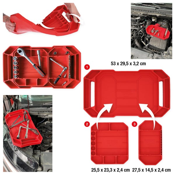 KS Tools Werkzeugablage aus Silikon mit verschiedenen Fächern und Tragegriffen.