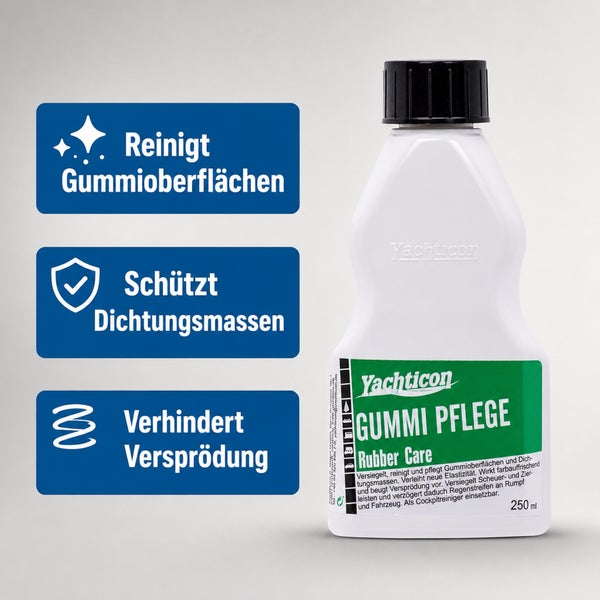 Yachticon Gummipflege 250 Milliliter Flasche zur Reinigung und Pflege von Gummioberflächen und Dichtungen.