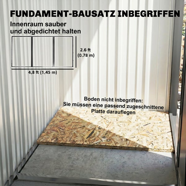 Innenansicht eines Metallgerätehauses mit Fundamentrahmen auf Beton. Maße 1,45 Meter mal 0,78 Meter. Die Bodenplatte ist nicht im Lieferumfang.