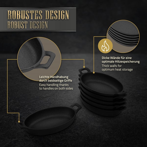 BBQ#BOSS 6er Set Servierpfännchen aus Gusseisen, Grillpfännchen oval 22x12 cm, bereits eingebrannt, antihaftbeschichtet, Gusspfännchen mit Tragegriffe, Grillpfannen Pfännchen Servierpfanne Pfannenset