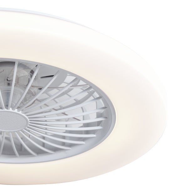 Runder Deckenventilator mit integrierter LED-Beleuchtung und Schutzgitter.