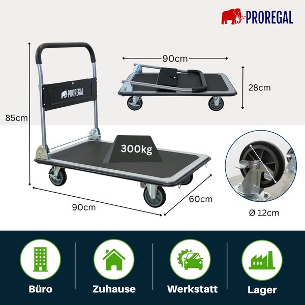 PROREGAL Plattformwagen klappbar, 300 Kilogramm, 90 mal 60 Zentimeter, Rollen 12 Zentimeter. Für Büro, Heim, Werkstatt, Lager. PROREGAL Logo.