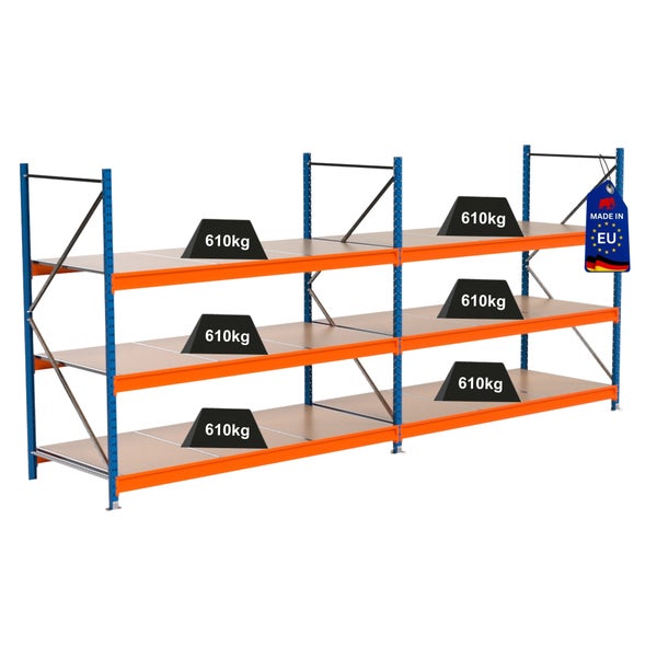 Lagerregal mit drei Ebenen und Gewichtsangabe von 610 Kilogramm, Hergestellt in der EU Kennzeichnung