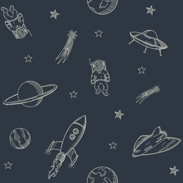 Nahtloses Muster mit Weltraummotiven: Astronauten, Planeten, Sterne und Raumschiffe.