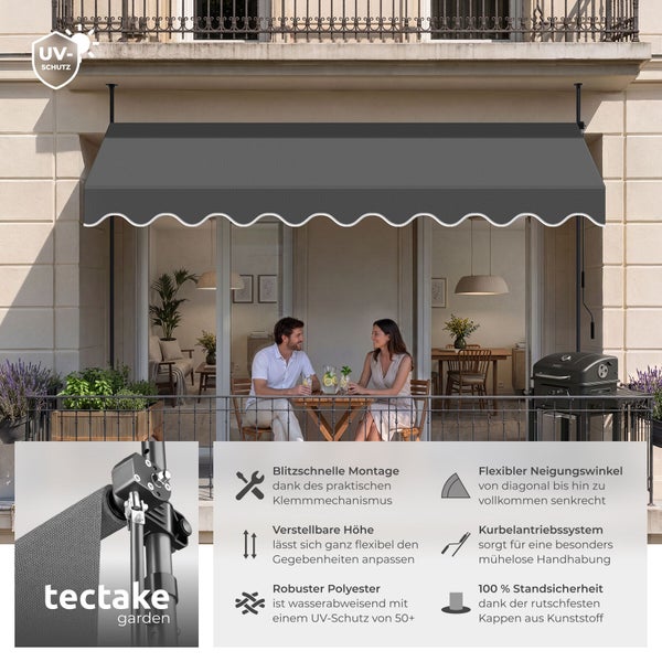 Dunkelgraue Klemmmarkise auf einem hellen Balkon mit sitzendem Paar, Tectake Garden Logo, UV-Schutz Symbol und Details zu Montage und Material.
