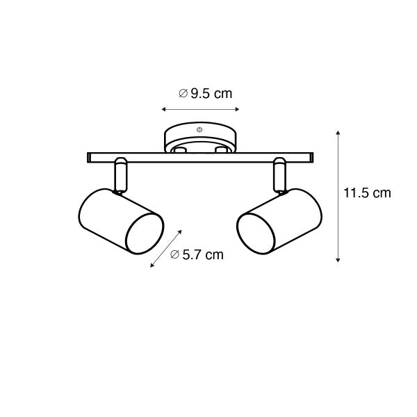 Technische Zeichnung eines zweiflammigen Deckenstrahlers mit Bemaßungen von 9,5 Zentimeter Durchmesser und 11,5 Zentimeter Höhe.
