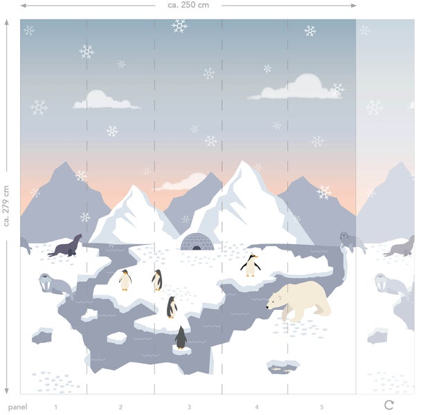 Illustration einer arktischen Landschaft mit Tieren, circa 250 cm breit und circa 279 cm hoch
