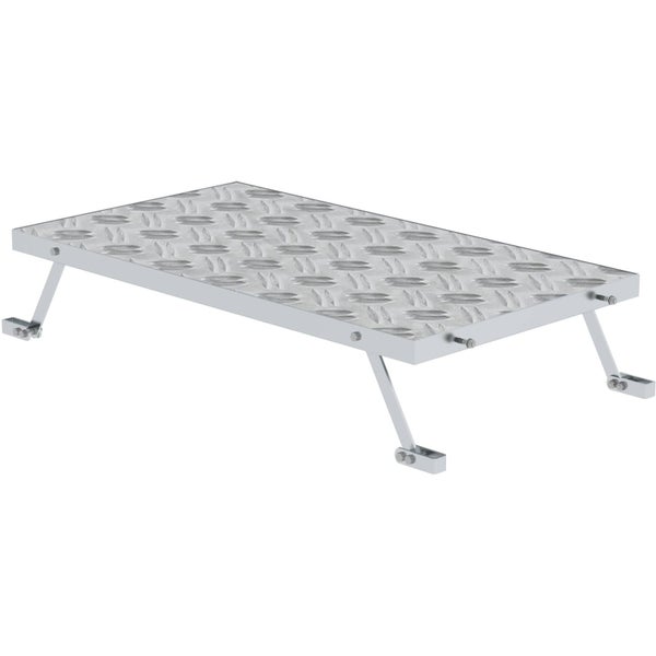 Metalltrittstufe mit Riffelblech-Oberfläche und vier Befestigungsstützen.