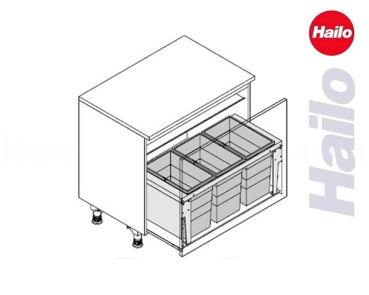 Hailo Einbau-Abfalltrennsystem für Küchenunterschränke mit drei Abfallbehältern in einer ausgezogenen Schublade. Hailo Logo.