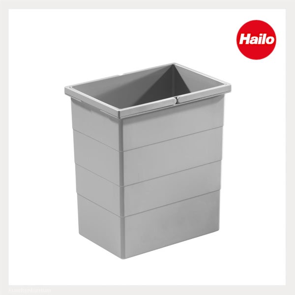 Rechteckiger Hailo Abfalleimer aus grauem Kunststoff für Mülltrenn-Systeme. Hailo Logo.