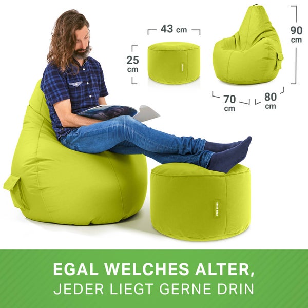 Green Bean 2er Set Sitzsack + Hocker - fertig befüllt - robust waschbar schmutzabweisend - Kinder & Erwachsene Bean Bag Bodenkissen Lounge Sitzhocker Relax-Sessel Gamer Gamingstuhl Pouf - Hellgrün