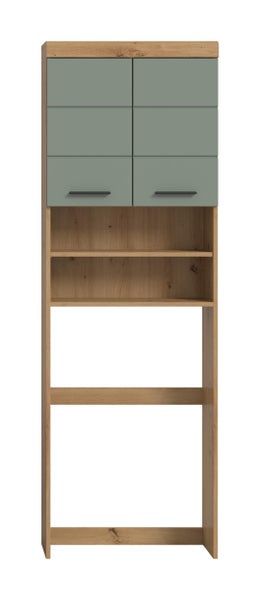 Offener Aufsatzschrank mit zwei Schranktüren im oberen Bereich und Ablagefächern, in Holzoptik und matter Oberfläche.