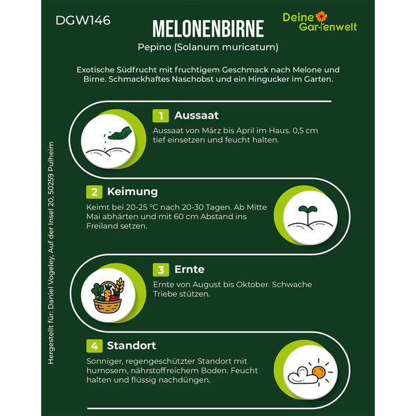 Melonenbirne Pepino: Aussaat März bis April, Keimung 20 bis 25 Grad, Ernte August bis Oktober, sonniger Standort. Deine Gartenwelt Logo.