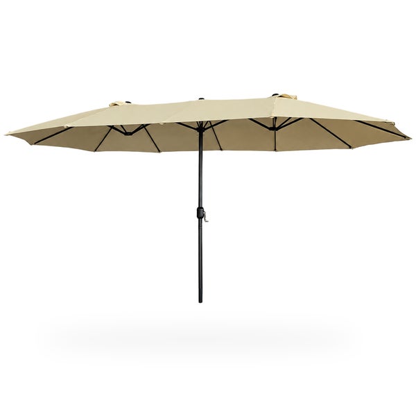 Doppel-Sonnenschirm mit Kurbel, beige Textilbespannung und schwarzes Metallgestell.