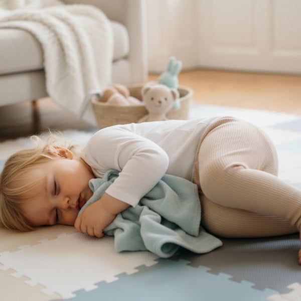 Ein Kleinkind schläft auf einer weichen, puzzleartigen Kinderspielmatte auf dem Boden, umgeben von einem Korb mit Kuscheltieren.