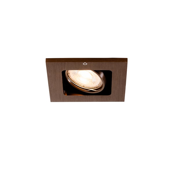 Quadratischer Einbaustrahler in Holzoptik mit schwenkbarem Leuchtmittel.