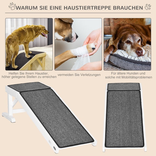 Weiße Hunderampe mit grauer Anti-Rutsch-Fläche zur Hilfe beim Erreichen hoher Stellen sowie für ältere Tiere oder zur Vermeidung von Verletzungen.