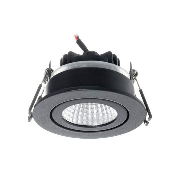 Runder LED-Einbaustrahler in Schwarz mit seitlichen Befestigungsfedern aus Metall.