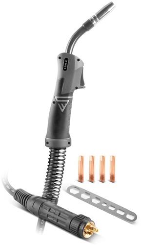 Metall-Inertgas- und Metall-Aktivgas-Schweißbrenner-Set mit ergonomischem Handgriff, vier Stromdüsen und einem Mehrzweckschlüssel.