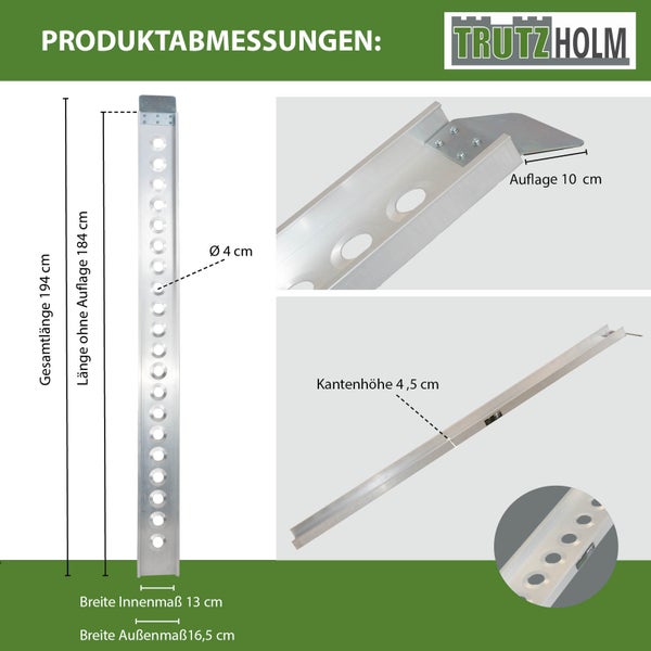 TRUTZHOLM 1 x Alu Auffahrschiene 194 cm Traglast 200 kg starr grau Auffahrrampe Fahrradrampe E-Bike
