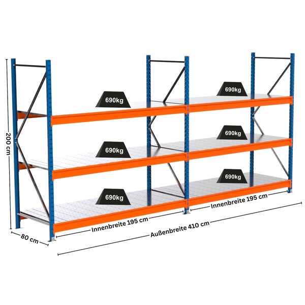 Abbildung eines Schwerlastregals mit drei Ebenen und Maßangaben