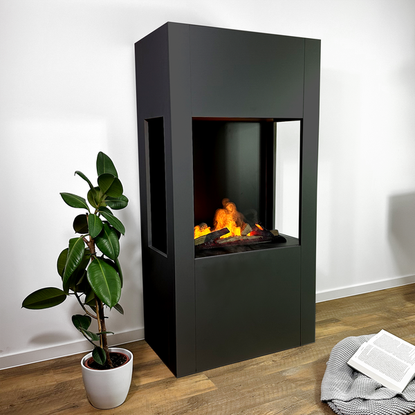 GLOW FIRE Elektrokamin 'Böll'| Wasserdampf Kamin mit OMC 600 inkl. Holz in schwarz als Raumteiler | HxBxT: 145x54x44 cm