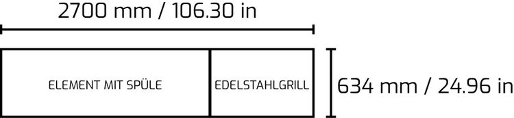 Abmessungen eines Grillelements mit Spüle und Edelstahlgrill: 2700 mm breit und 634 mm tief