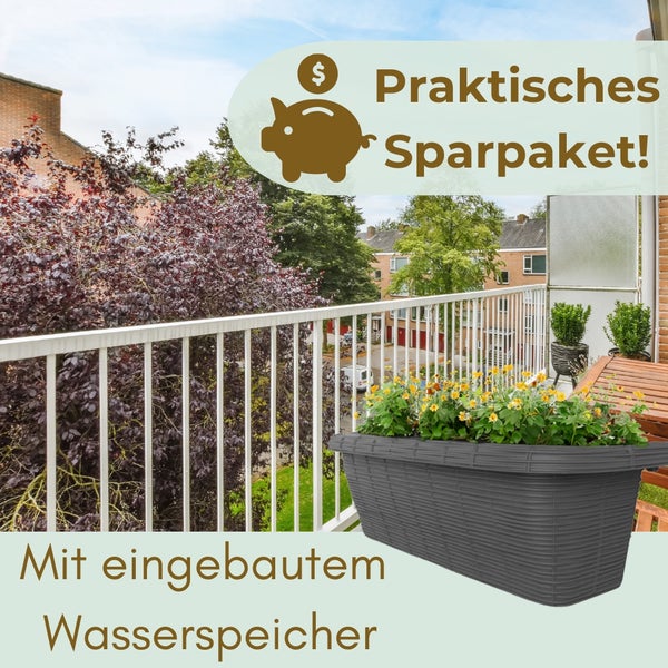 Balkonszene mit Blumenkasten, der ein praktisches Sparpaket und einen integrierten Wasserspeicher bewirbt.