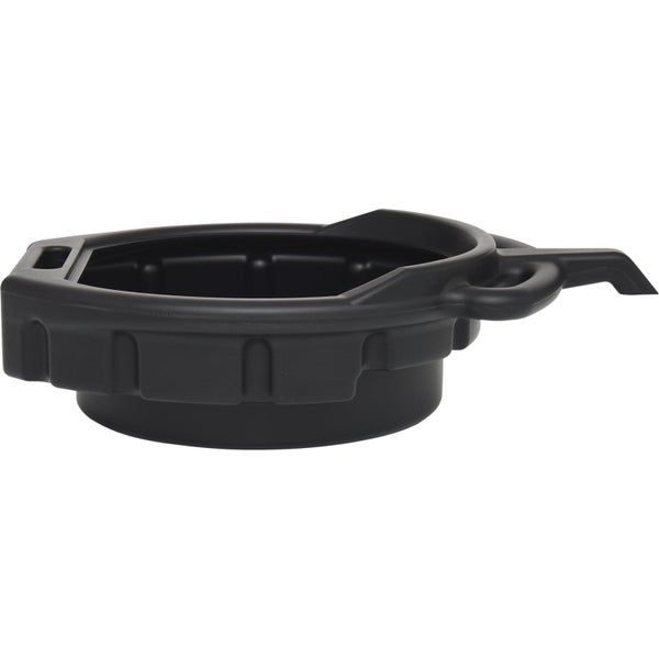 Schwarze Öl-Auffangwanne aus Kunststoff mit Ausgießer und Griff für den Ölwechsel.