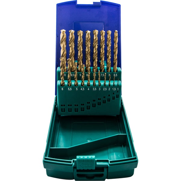 HSS-Metallbohrer-Set in einer ausklappbaren Kunststoffbox, Bohrergrößen von 1 bis 10 Millimeter.