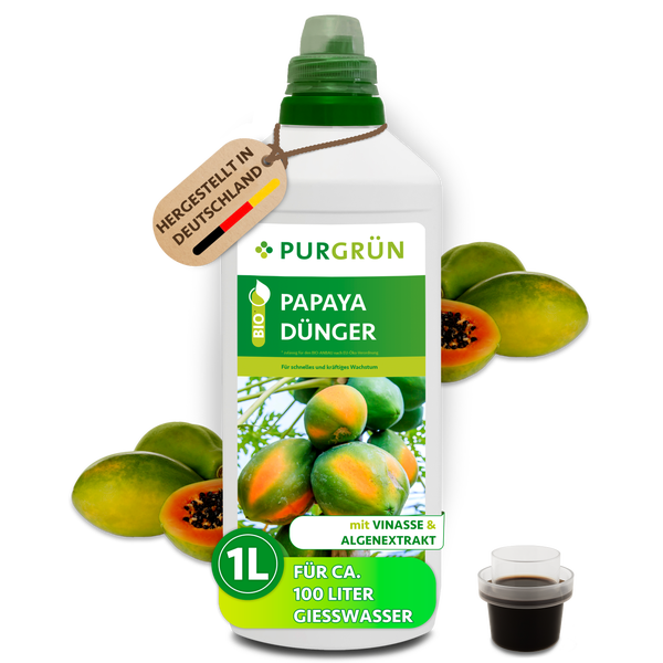 Eine Flasche Purgrün Papaya Dünger mit einem Liter Inhalt und Dosierkappe.