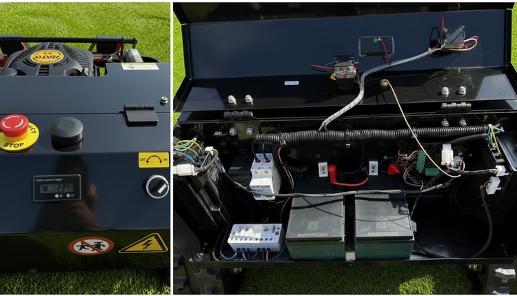 Bedienkonsole mit Not-Aus-Schalter und Display sowie die Elektronik eines Gartengeräts mit Rato Logo und Warnsymbolen.