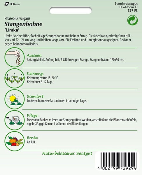 Samenpackung Stangenbohne 'Limka' mit Informationen zu Aussaat, Keimung, Standort, Pflege und Ernte