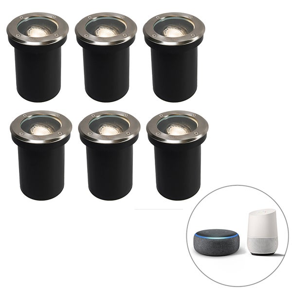 Set mit 6 schwarzen smarten LED-Bodeneinbauleuchten für den Außenbereich, kompatibel mit Amazon Alexa und Google Assistant.