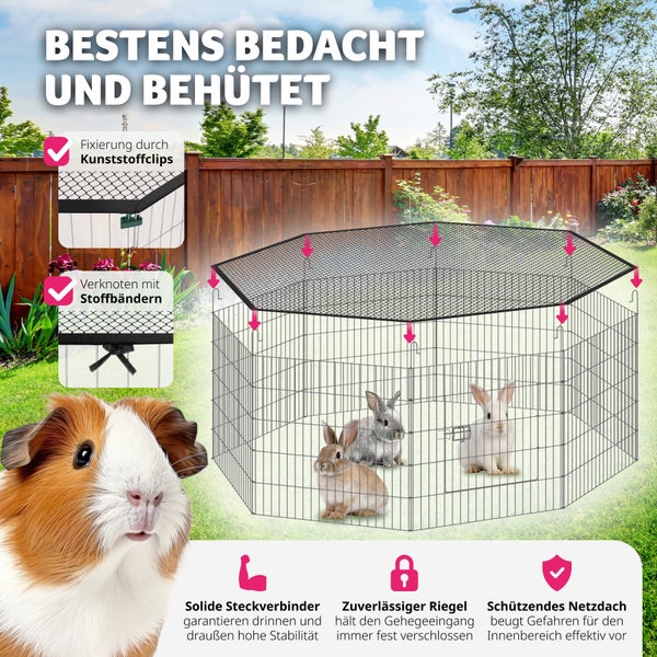 Laufgitter für Welpen mit zwei Welpen, Spielzeug und Futternapf in hellem Wohnzimmer