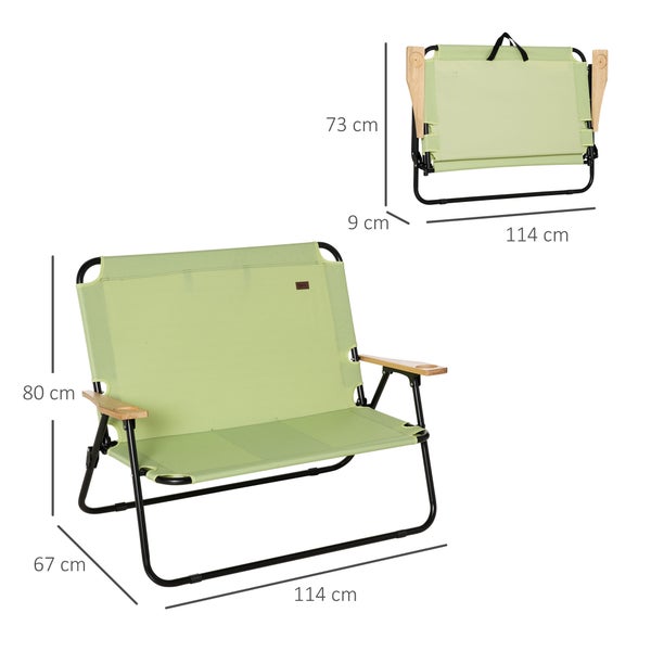 Outsunny Campingstuhl 2-Sitzer klappbar tragbar Gartenstuhl Regiestuhl Klappstuhl mit Getränkehalter für Outdoor Picknick Wandern max. Belastung 160 kg Hellgrün 114 x 67 x 80 cm