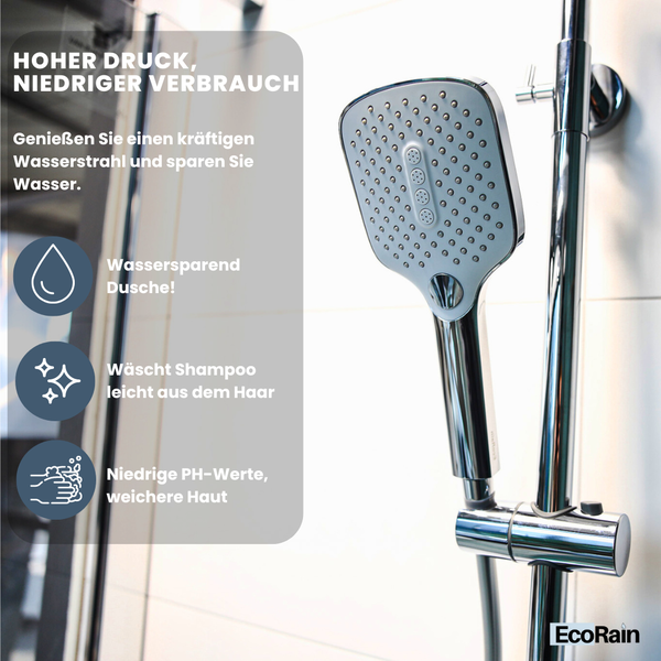EcoRain 50% Wassersparender Duschkopf Mark Quadrat 12 CM mit Wasserfilter - 5 Strahlarten - Hoher Wasserdruck - Universeller Anschluss - Anti-Kalk Duschkopf - Chrom