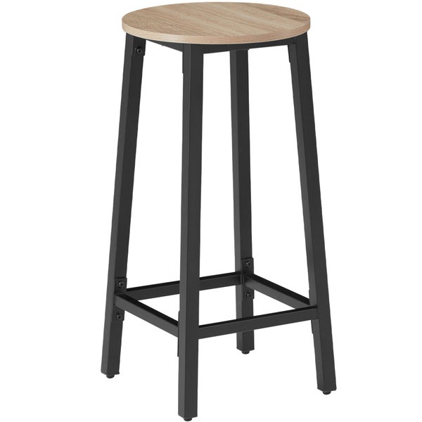 Barhocker mit rundem Sitz in Holzoptik und schwarzem Metallgestell.