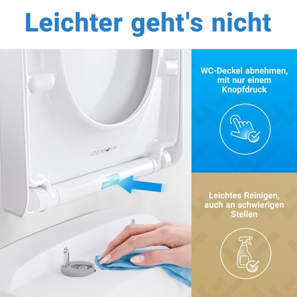 Toilettensitz von Lobenswerk mit Quick-Release Funktion zum Abnehmen des Deckels per Knopfdruck für eine einfache Reinigung an schwierigen Stellen.