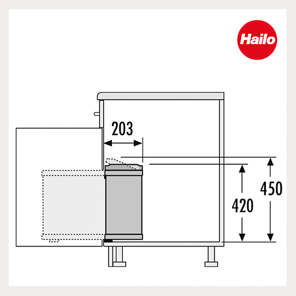 Technische Zeichnung eines Hailo Einbaumülleimers im Unterschrank mit den Maßangaben 203, 420 und 450 Millimeter. Hailo Logo.