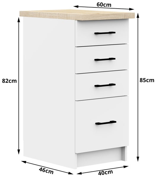 Küchenunterschrank mit vier Schubladen und den Maßen 82 cm Höhe, 60 cm Breite und 46 cm Tiefe