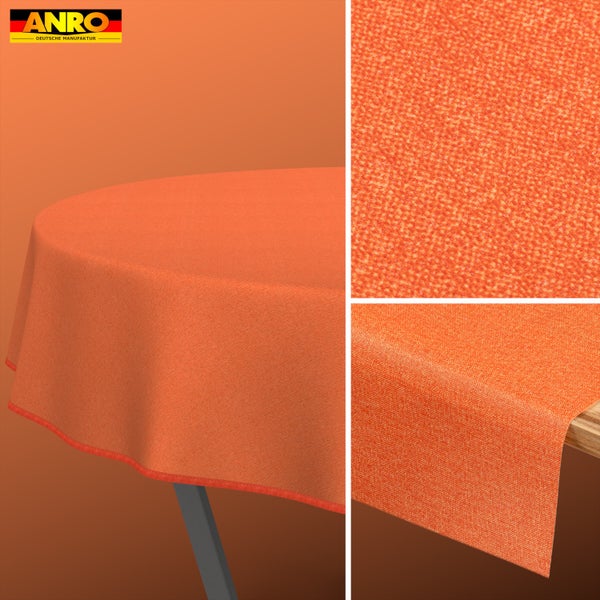 ANRO Logo. Runde, orangefarbene Tischdecke mit melierter Gewebestruktur und Detailansichten der Oberfläche sowie der Kante.