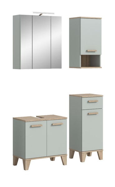 Badezimmermöbel Set bestehend aus Spiegelschrank, Hängeschrank, Waschbeckenunterschrank und Seitenschrank im modernen Design.