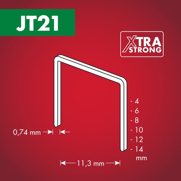JT21 Klammer mit Abmessungen 11,3 Millimeter Breite, 0,74 Millimeter Stärke und Längen von 4 bis 14 Millimeter, extra stark.