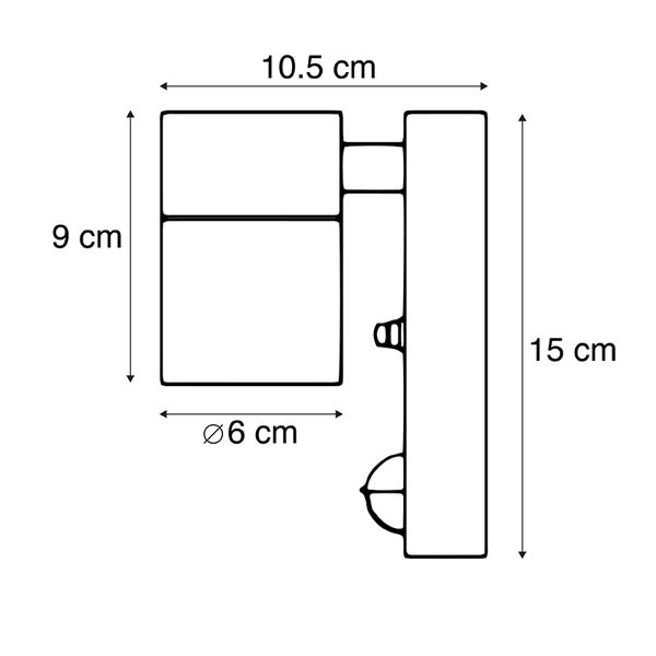Maßzeichnung einer Wandleuchte mit Bewegungsmelder: Höhe 15 Zentimeter, Breite 10,5 Zentimeter, Strahlerkopf 9 Zentimeter, Durchmesser 6 Zentimeter.
