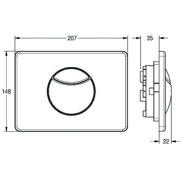Maßzeichnung einer WC-Betätigungsplatte mit 2-Mengen-Spülung, Breite 207 Millimeter, Höhe 148 Millimeter, Tiefe 35 Millimeter.