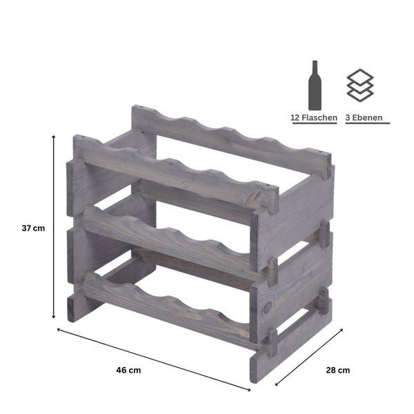 Weinregal VINOTECA FLEX PRO HxBxT 37x46x28cm 12 Flaschen auf 3 Ebenen Massives Kiefernholz Grau