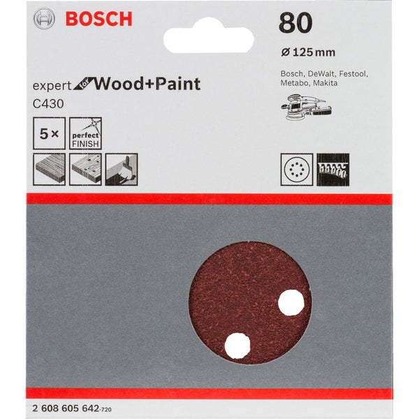 Bosch 5x Schleifblatt C430 Expert for Wood 8 Löcher Klett 125 mm K80 - 2608605642